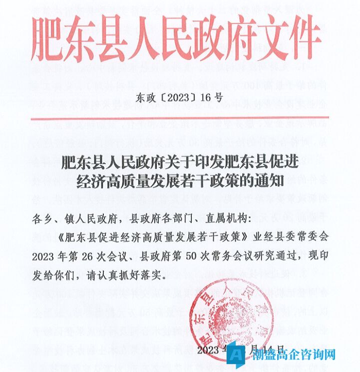 合肥市肥东县高新技术企业奖励政策：肥东县促进经济高质量发展若干政策