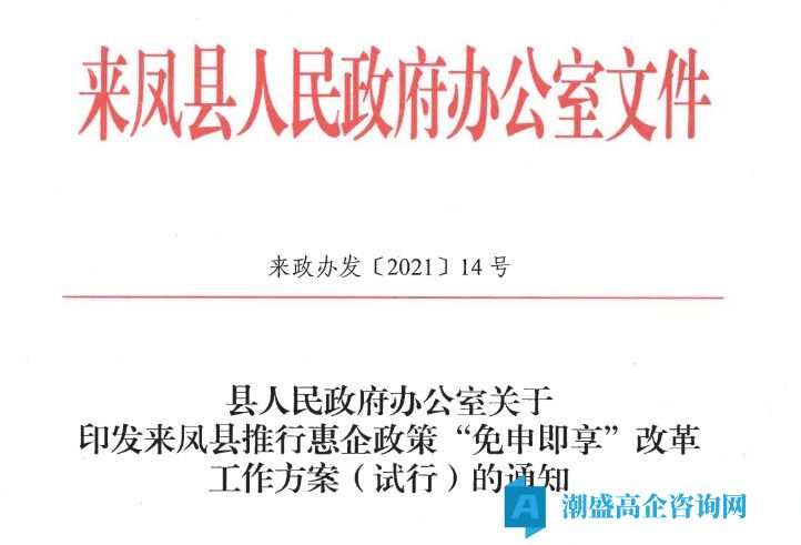 恩施州来凤县高新技术企业奖励政策：来凤县“免申即享”认定类惠企政策项目清单(